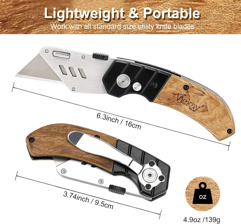 Vickay Utility Knife with Belt Clip, Heavy Duty Box Cutter Knife for Cartons, Cardboard, Carpet and Leather, Razor Knife with Wood Handle and Extra 5 SK5 Blades - Image 3